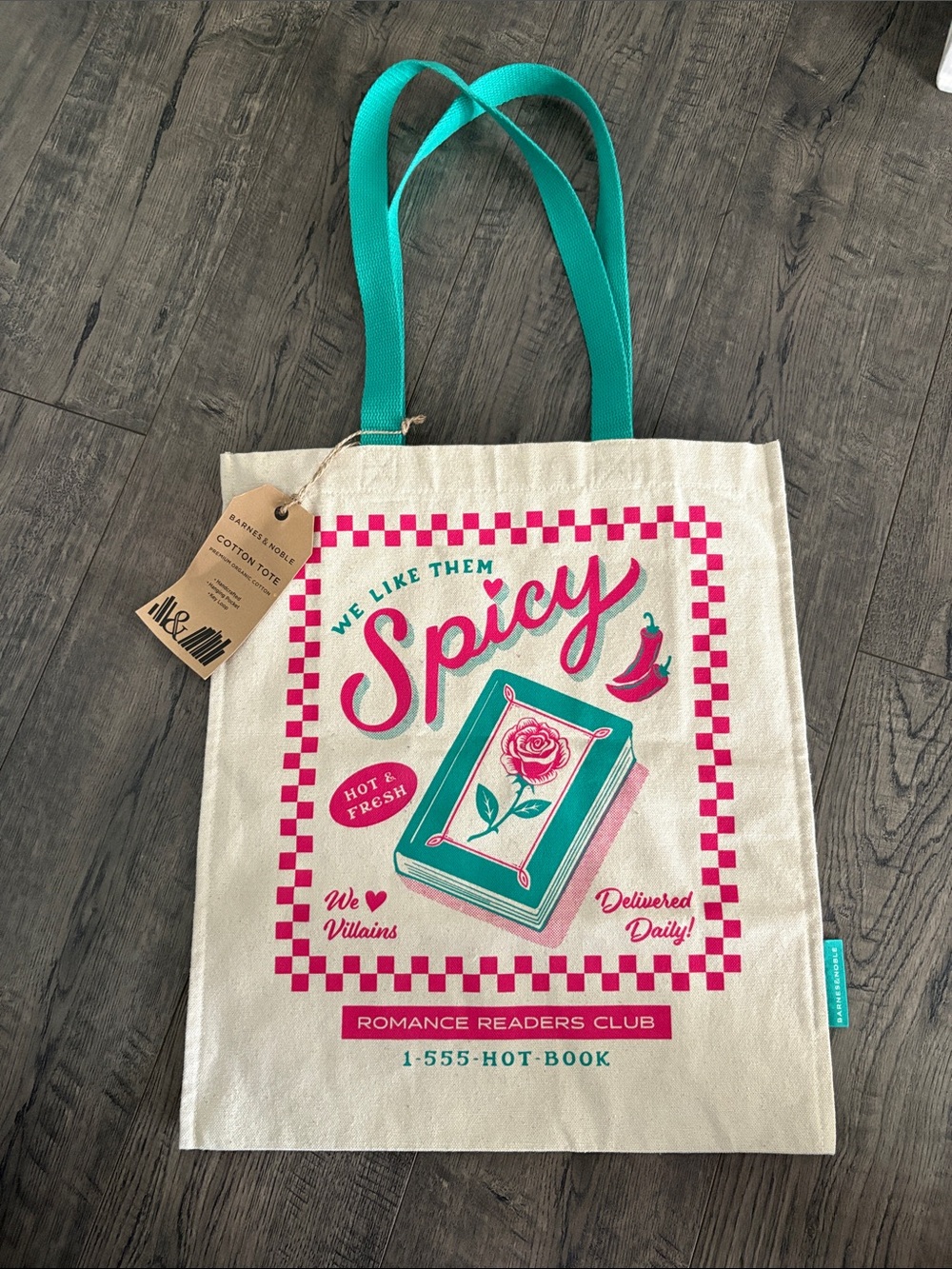 Barnes & Noble Cream Tote with Teal Handles and Pink Graphic